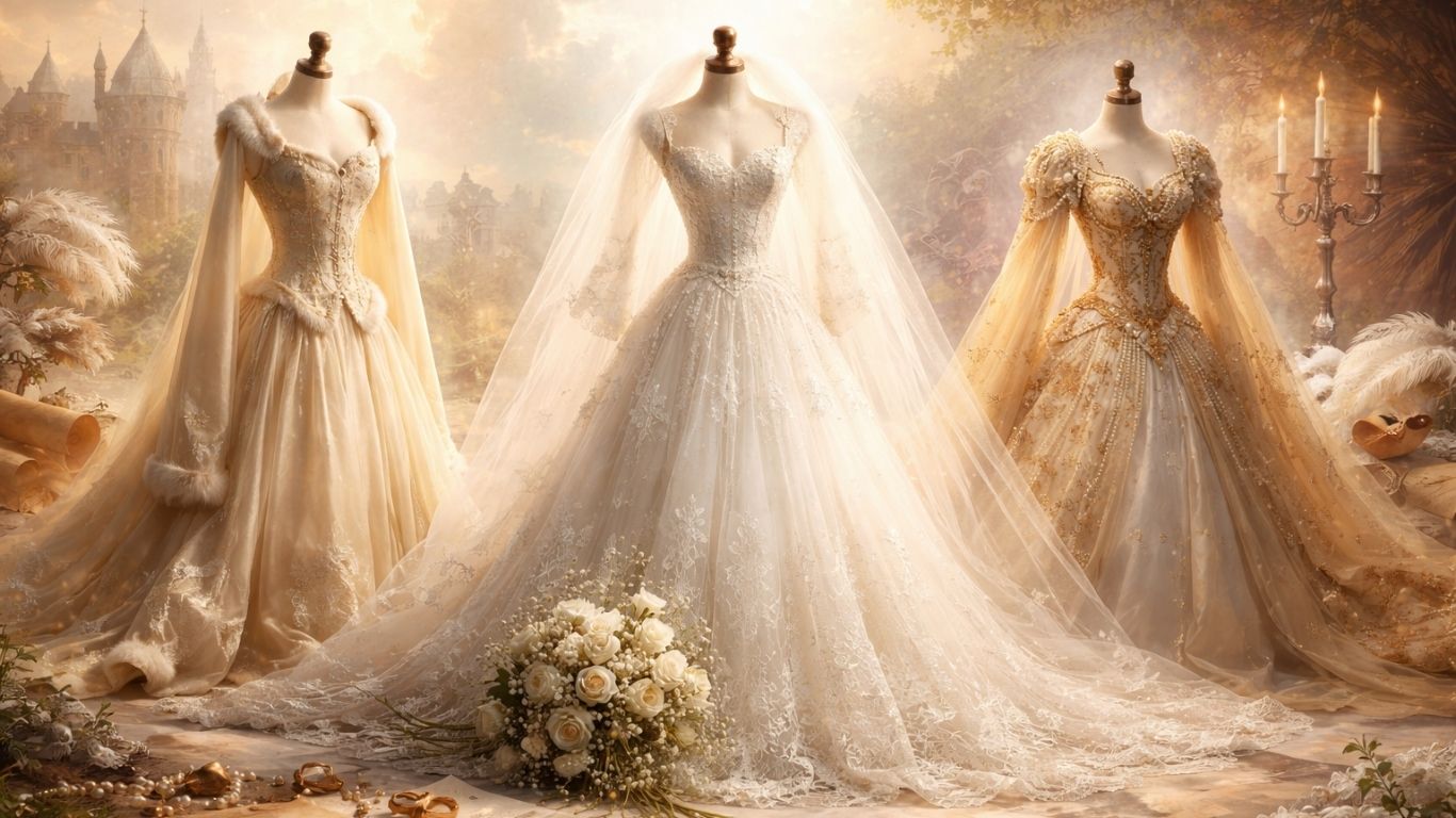 Концептуална илустрација на еволуцијата на невестинскиот фустан од средниот век до викторијанската ера