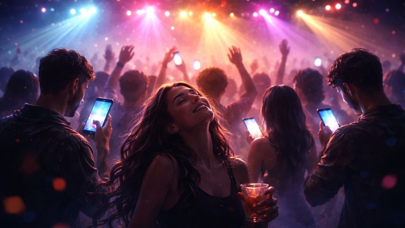 Концептуална илустрација на луѓе на забава со светла и сенки што симболизираат бегство од мислите