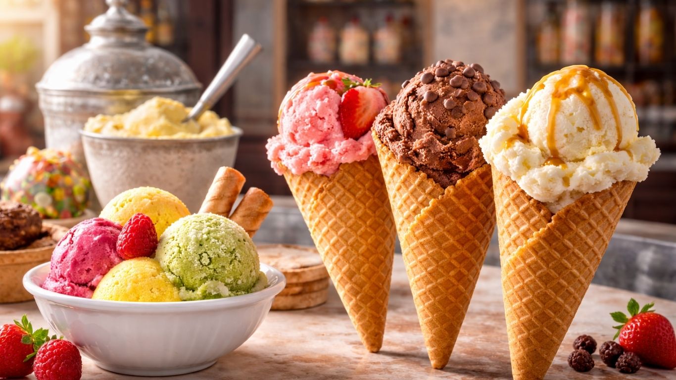 Концептуална илустрација за историјата на сладоледот - од чашка до корнет и модерни вкусови