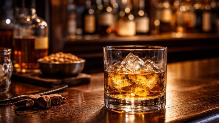 Реалистична фотографија од чаша виски во слаткарница или бар, симбол на ритуал и трпение