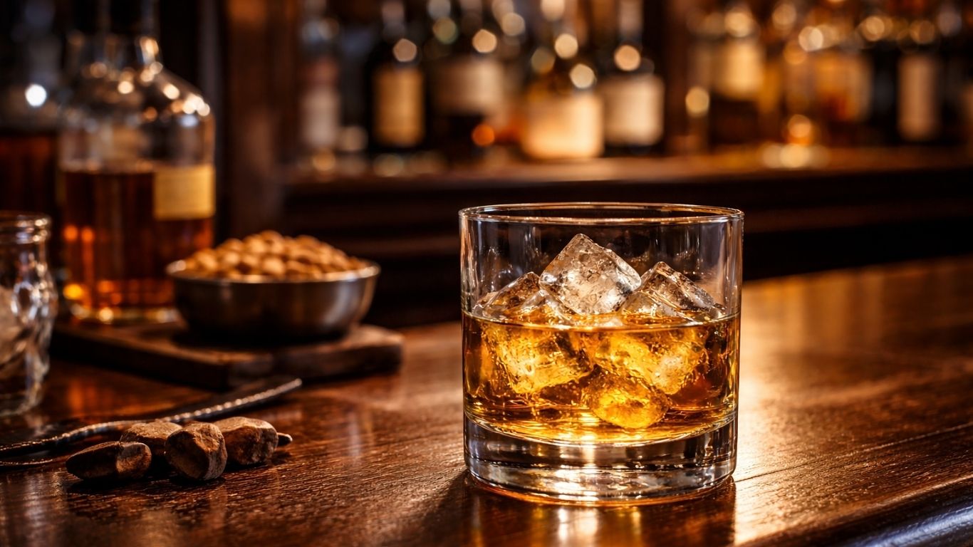 Реалистична фотографија од чаша виски во слаткарница или бар, симбол на ритуал и трпение
