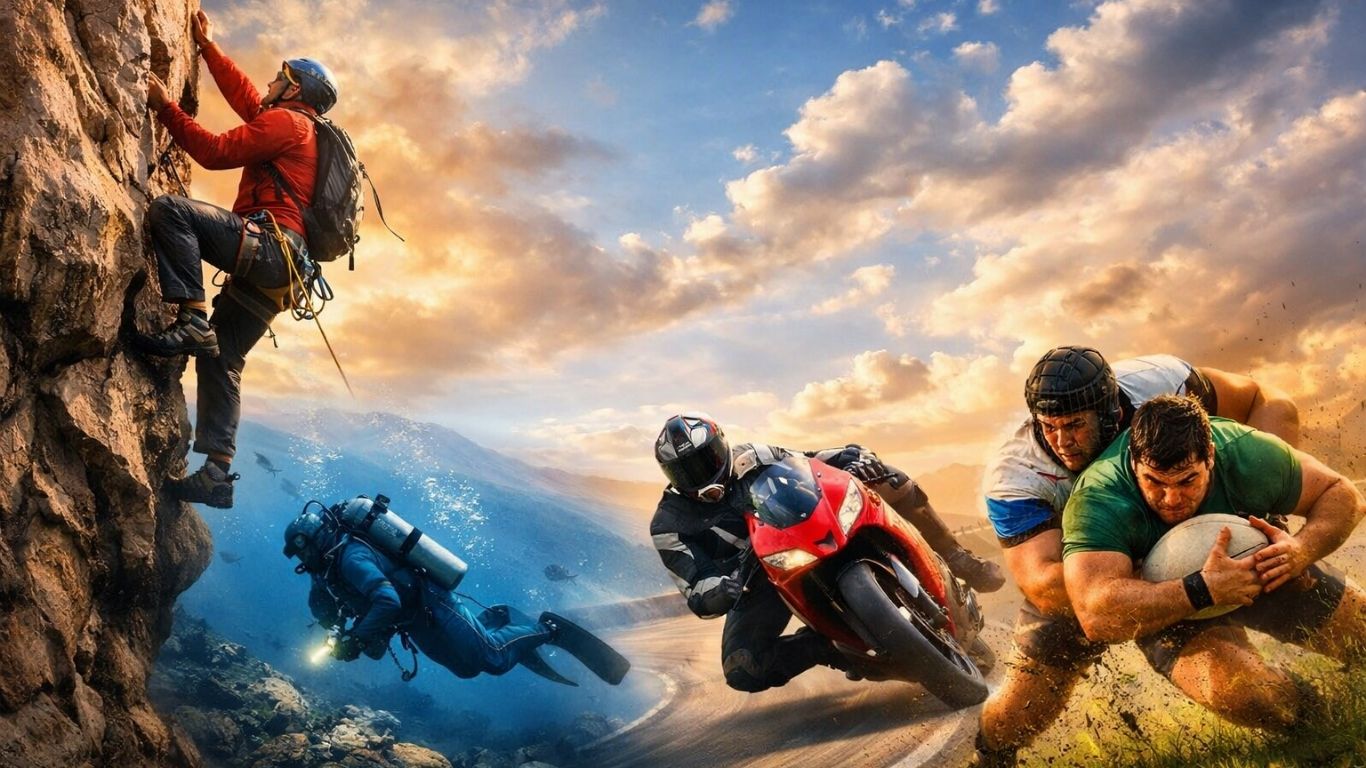 Концептуална сцена со спортисти во различни ризични спортови под симболично небо со динамично светло