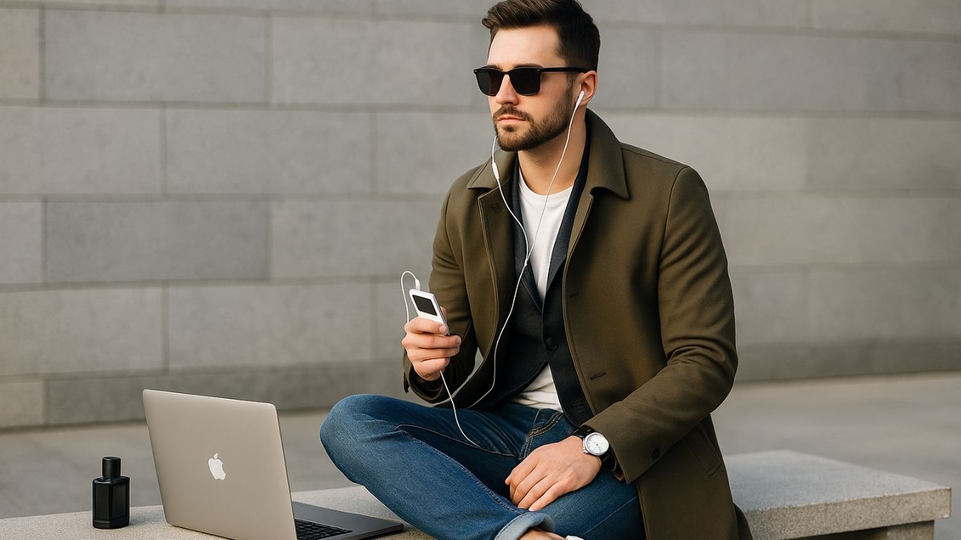 Mлад маж со стил, со лаптоп, парфем и технолошки додатоци - модерни машки трендови