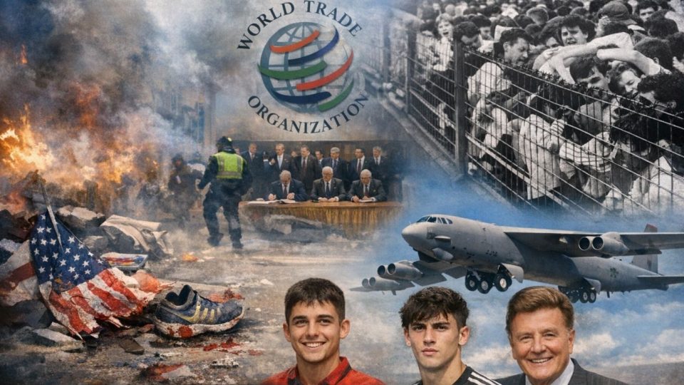Концептуелна панорамска слика за 15 април со симболика на историја, трагедија, глобални пресврти и македонска државна меморија