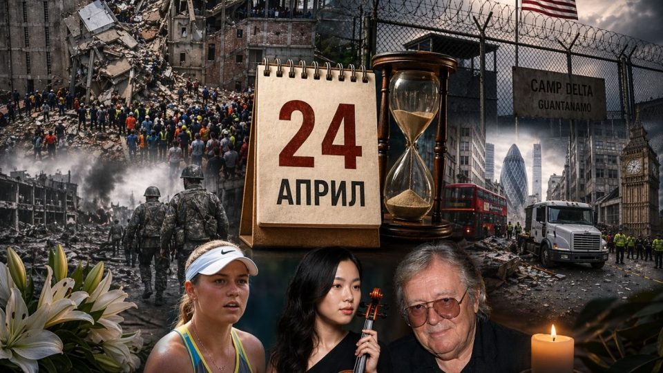 Концептуална уредничка сцена со урнат бетон, напуштени фабрички силуети и утринска светлина како симбол на трагедијата Rana Plaza и историското сеќавање на 24 април