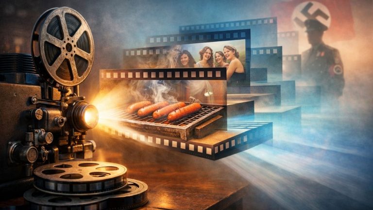 Концептуална илустрација со стар филмски проектор што создава тридимензионална светлосна перспектива