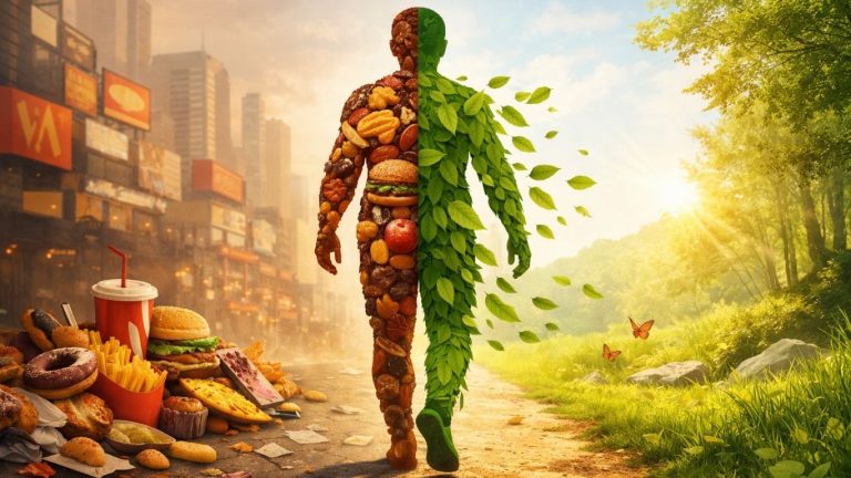 Концептуална илустрација за Светскиот ден на дебелината - човечка силуета што преминува од нездрав начин на живот кон природа и баланс