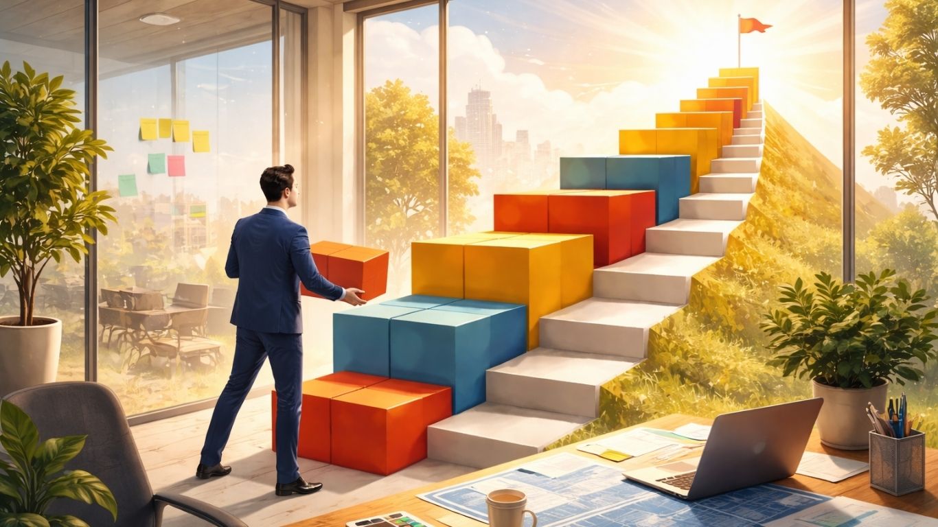 Концептуална илустрација на претприемач кој гради пат кон успех со структуриран план