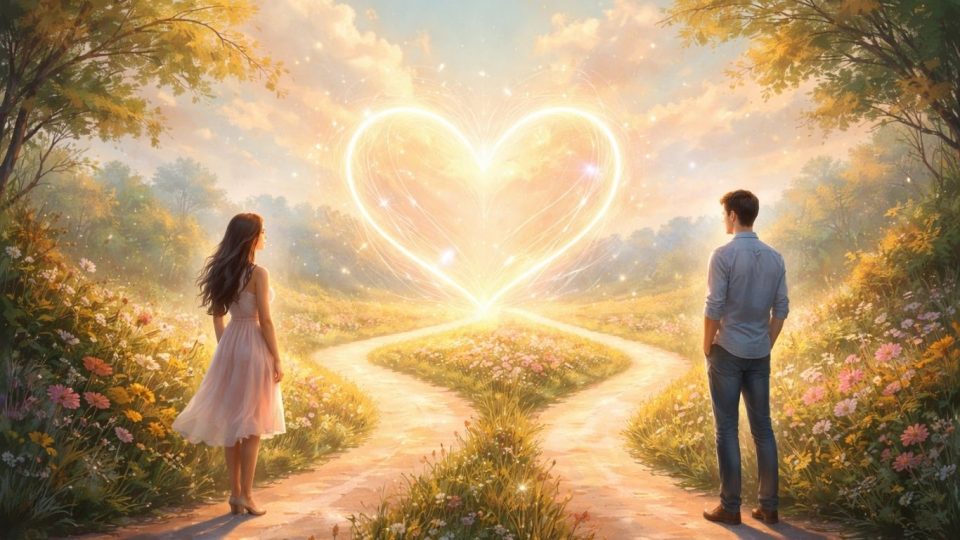 Концептуална сцена на партнерска врска со симболика на доверба и личен раст