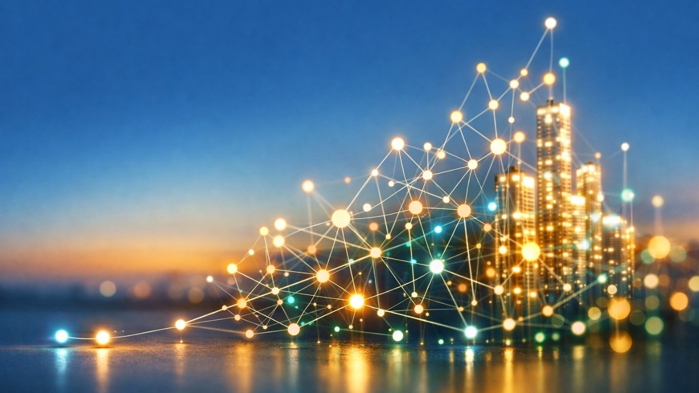 Концептуална визуелизација на раст од стартап до успешна компанија со светлосна мрежа и молекуларна структура