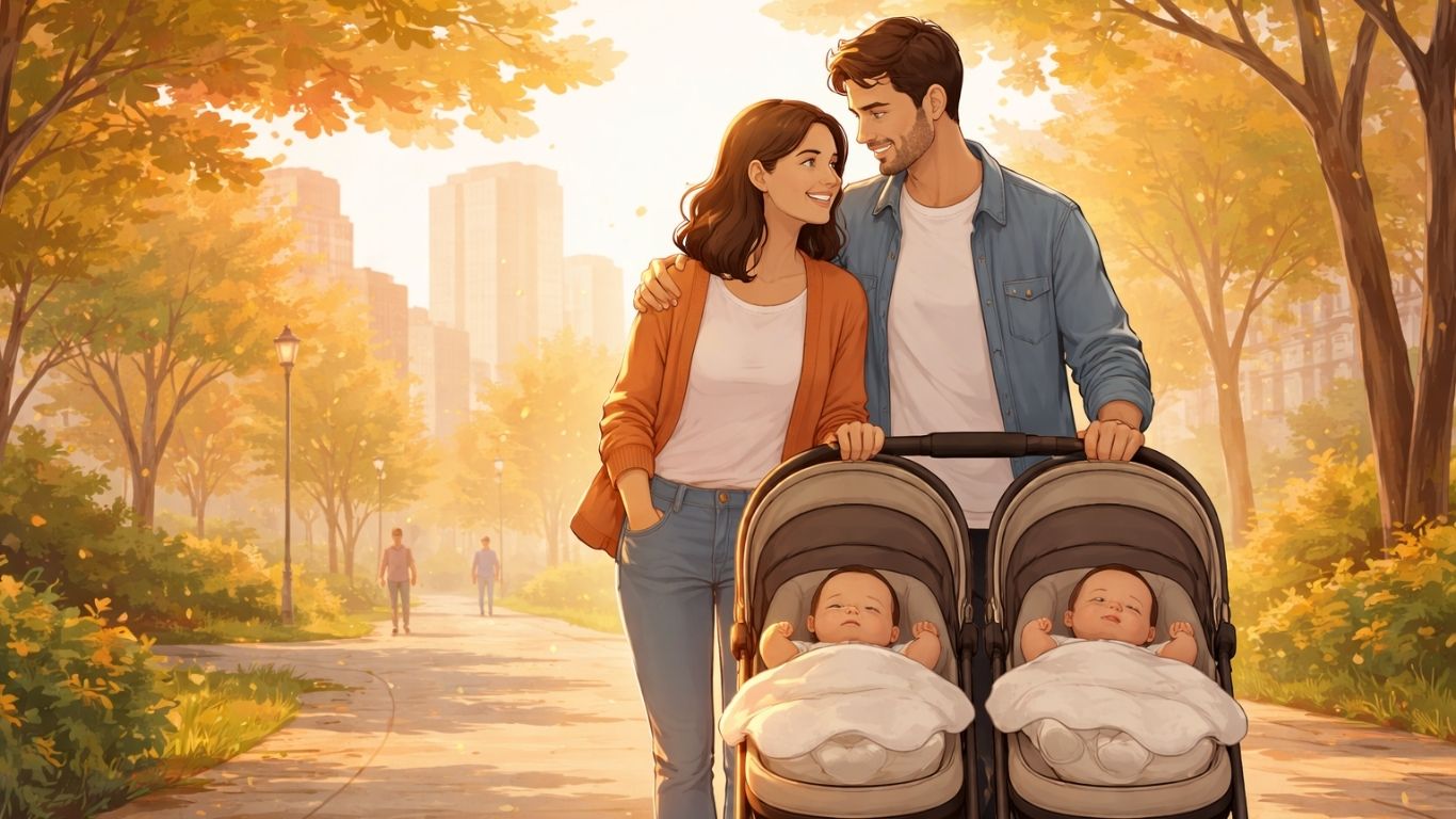 Родители со близнаци во утринска прошетка – симбол на поддршка и заедништво