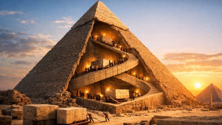 Концептуален приказ на Кеопсовата пирамида со идеја за внатрешна рампа