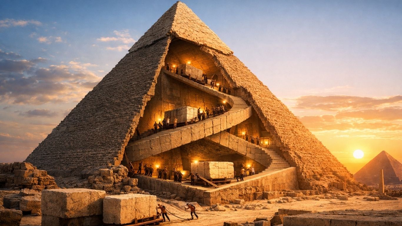 Концептуален приказ на Кеопсовата пирамида со идеја за внатрешна рампа