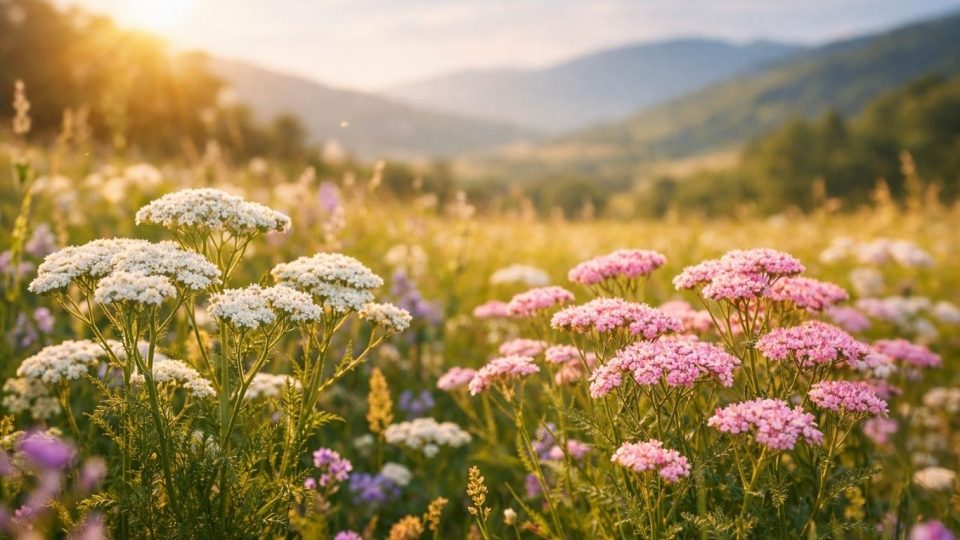 Ајдучка трева во цвет на сончева ливада - концептуален приказ на лековито растение