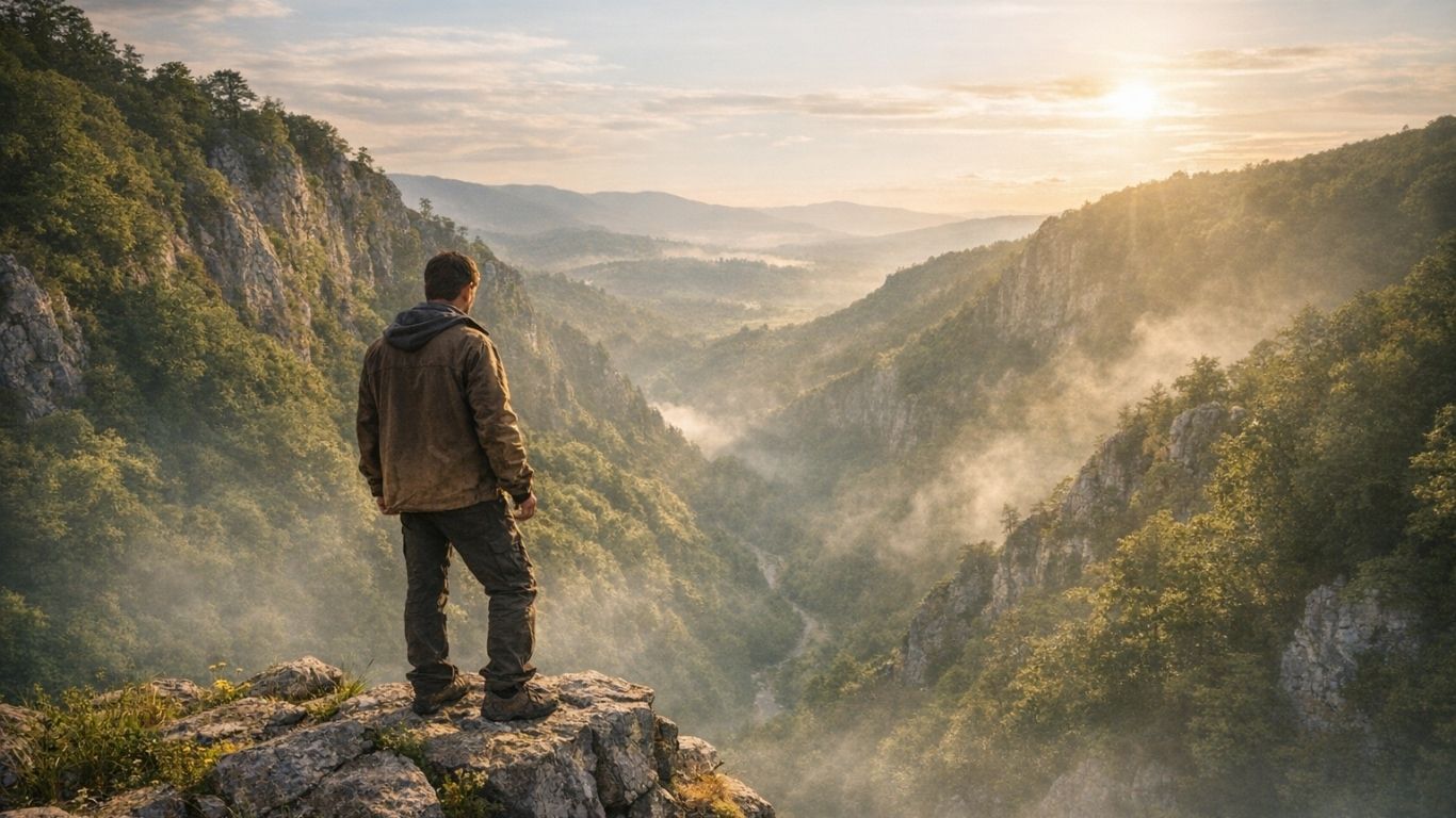 Човек на височина гледа кон удолна долина како симбол на пад, страв и животна оттурнатост