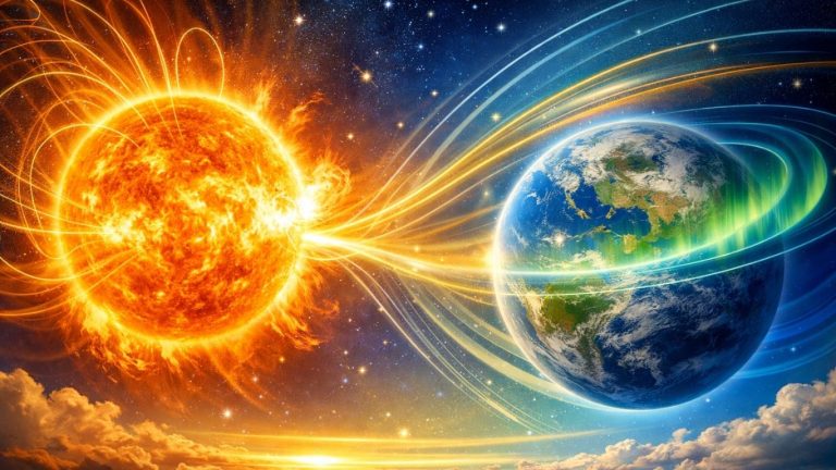 Концептуална илустрација на Сонцето со магнетни полиња и интеракција со атмосферата на Земјата