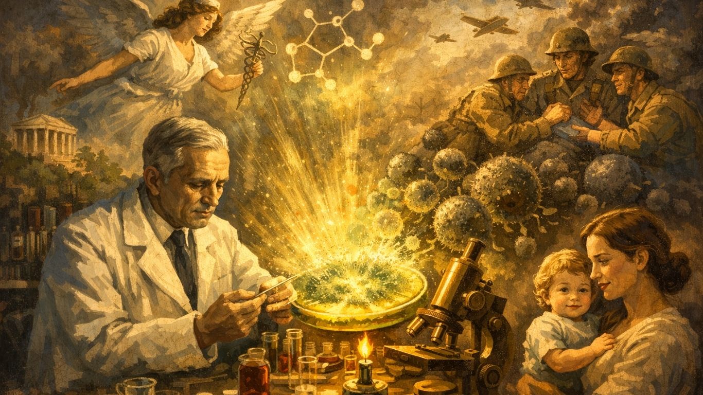 лабораториска чинија со мувла Penicillium која ги уништува бактериите - симболично претставување на откритието на пеницилинот