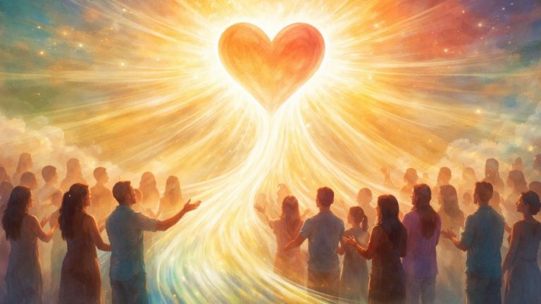 Концептуална сцена со светлина што се шири од едно срце кон заедница луѓе - симбол на алтруизам