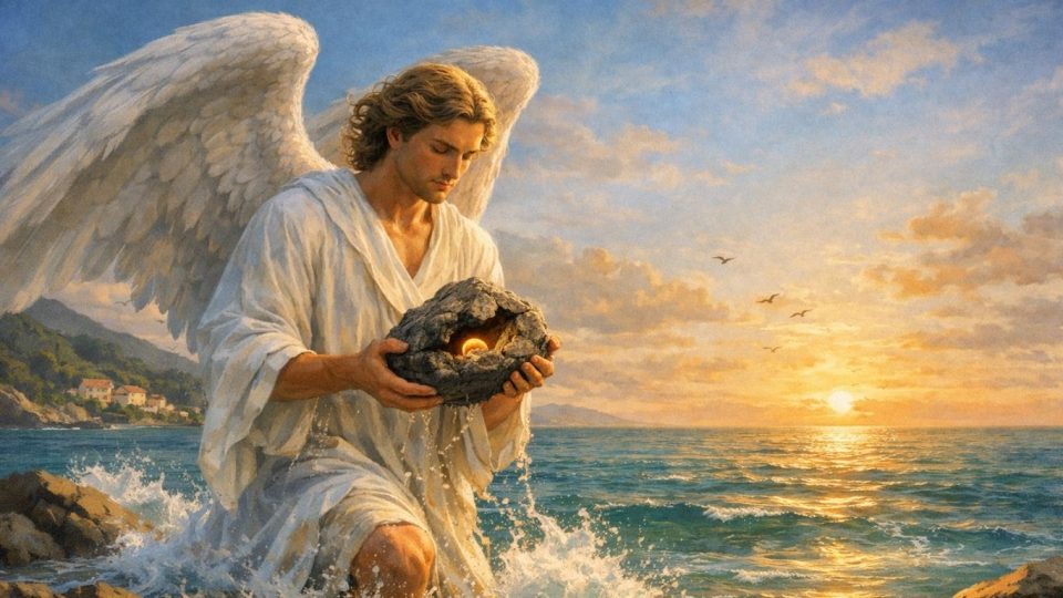 Ангел што излегува од море држејќи камен со светлина внатре - симбол на доверба и божествена промисла