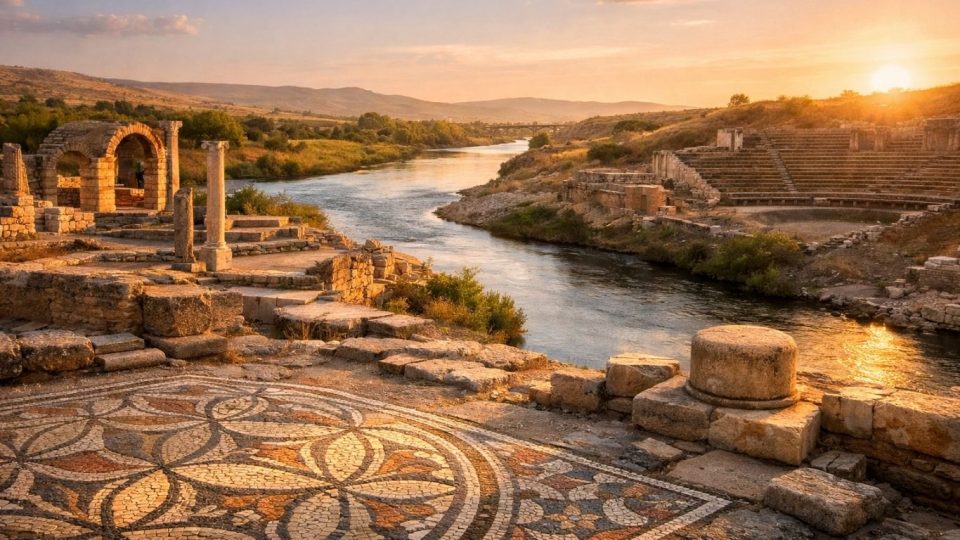 Концептуална илустрација на античкиот град Стоби на вливот на Црна Река во Вардар