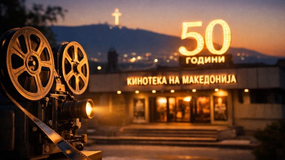 Јубилејна атмосфера во кинотека со проектор, филмска лента и публика во сала