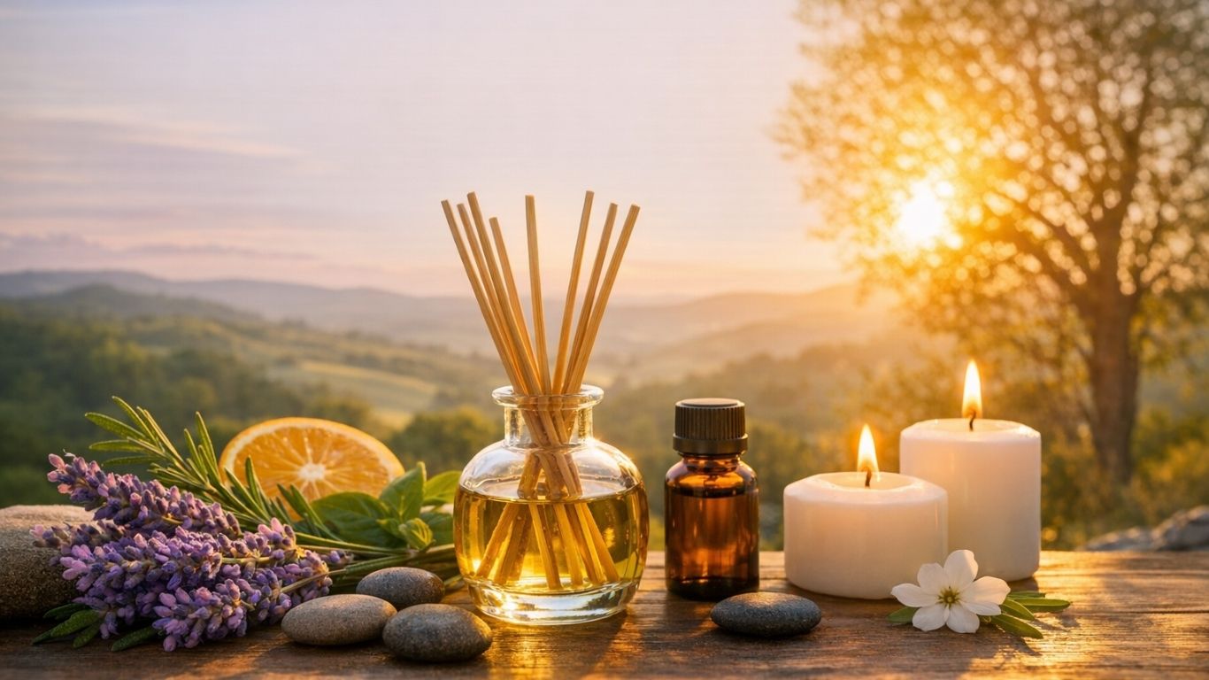 Концептуална реалистична сцена за ароматерапија со етерични масла, лаванда, цитрус и топла природна светлина