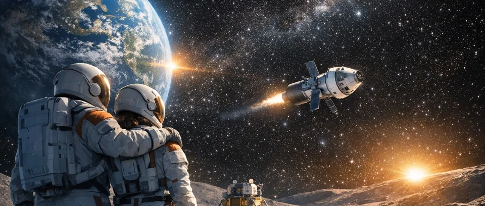 Астронаути гледаат кон Земјата и вселенско летало во лунарен пејзаж