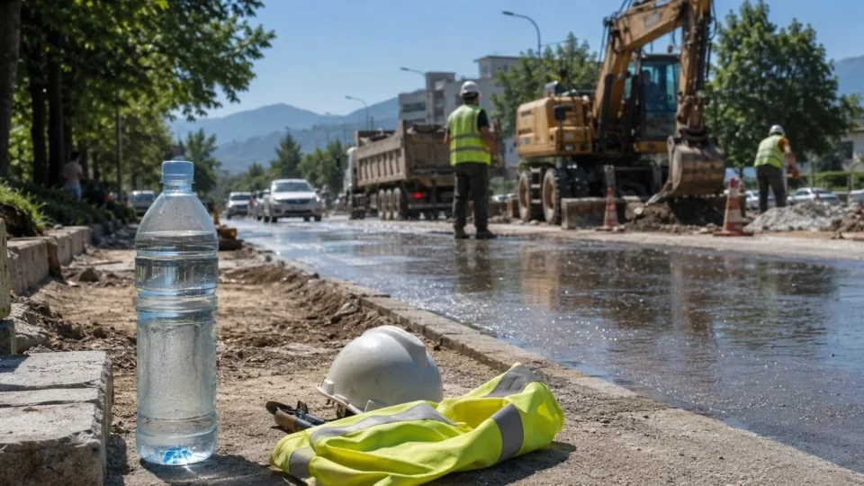 Градилиште во Македонија за време на силен летен ден со оставена заштитна опрема, вода и топлотна магла над асфалтот
