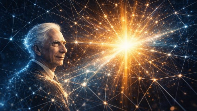 Концептуална симболична слика инспирирана од Бертранд Расел - светлина што пробива низ логичка мрежа како метафора за мисла и вистина