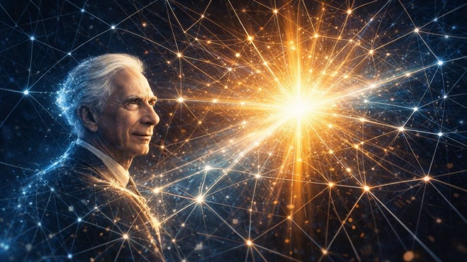 Концептуална симболична слика инспирирана од Бертранд Расел - светлина што пробива низ логичка мрежа како метафора за мисла и вистина