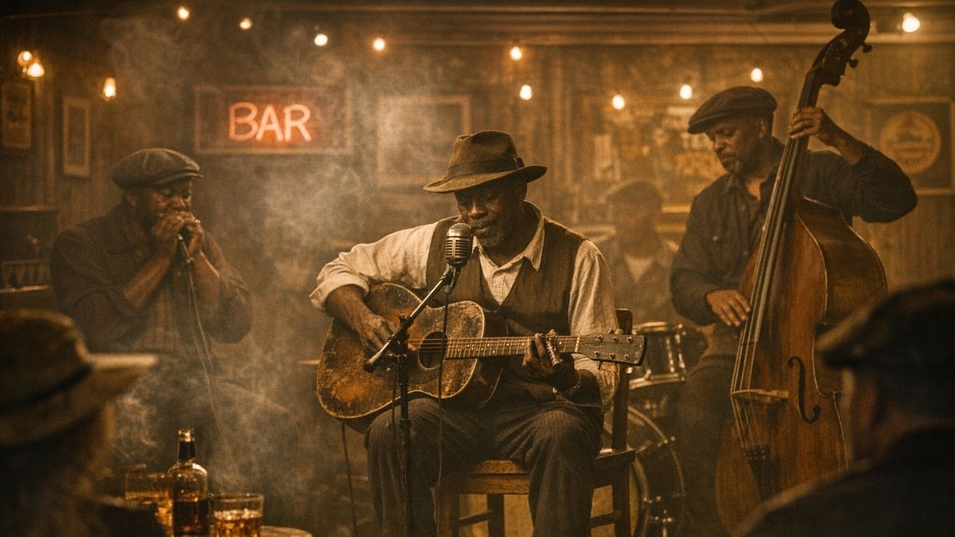 Атмосферска блуз сцена со гитарист и музичари во интимен клуб