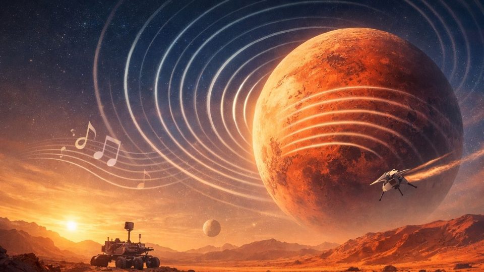 Концептуална илустрација на Марс со симболични звучни бранови во марсовата атмосфера