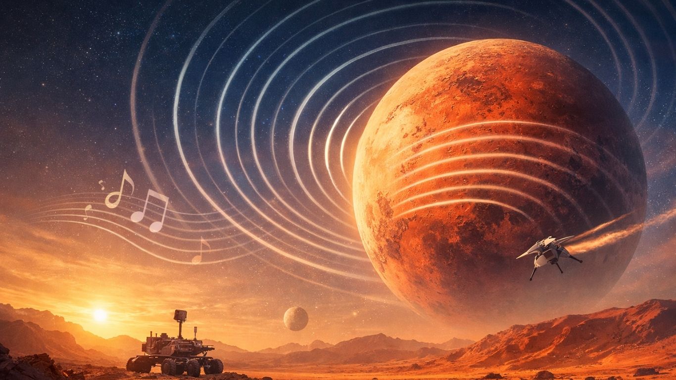 Концептуална илустрација на Марс со симболични звучни бранови во марсовата атмосфера