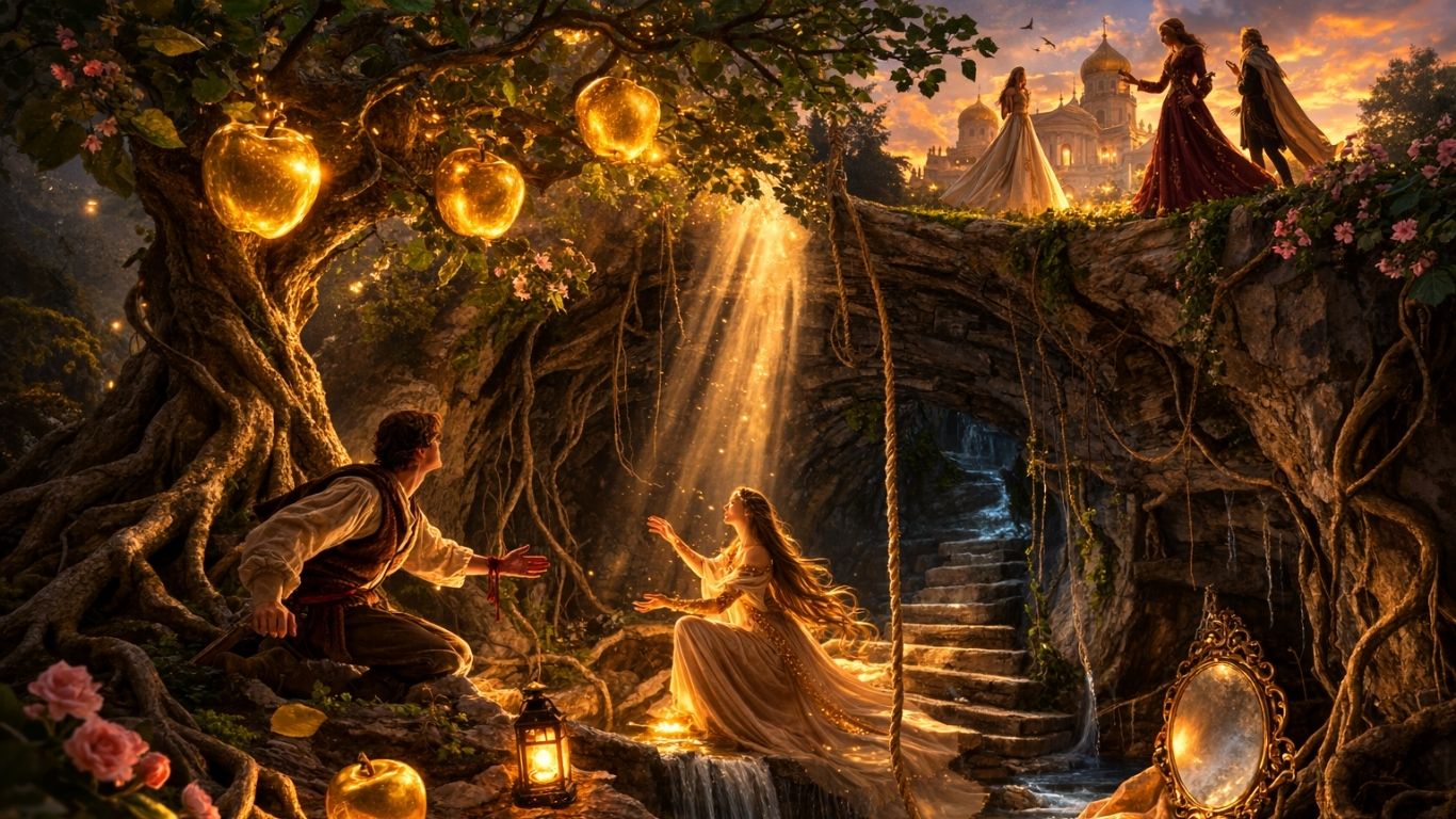 симболична илустрација на златни јаболка и мистериозен бунар во фолклорна атмосфера