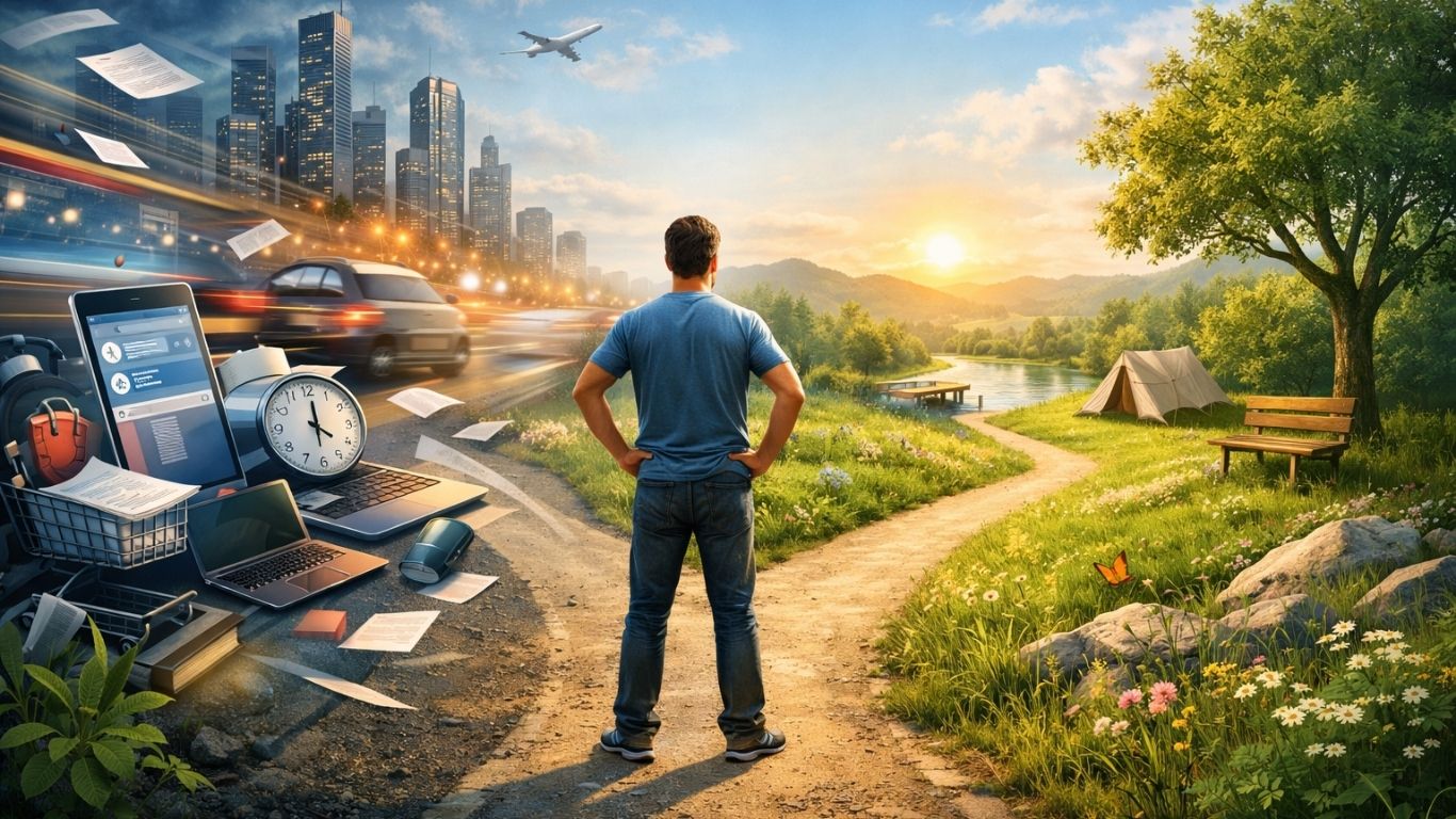 Концептуална сцена на човек опкружен со светлосни линии што симболизираат модерна преоптовареност и нарушен сон