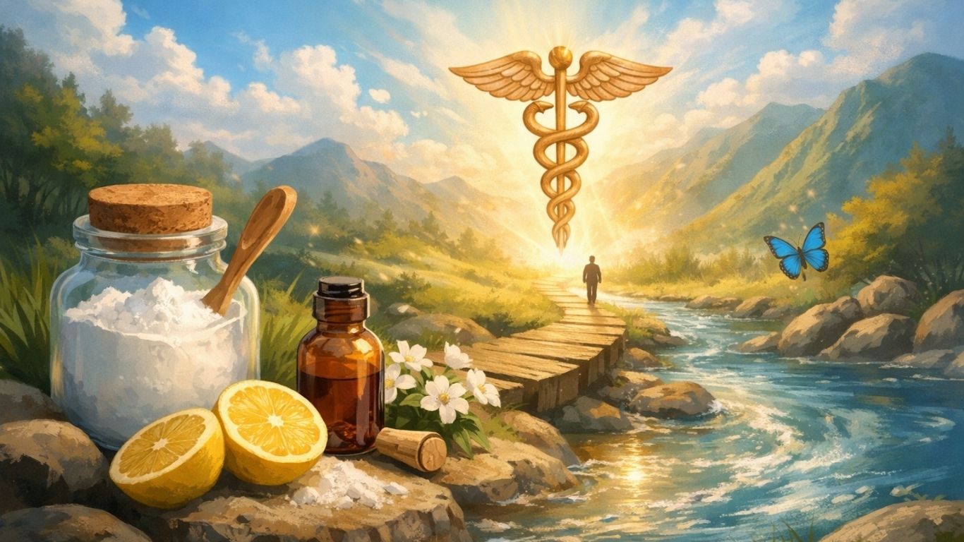 Концептуална илустрација со сода бикарбона, лимон и симболика на здравје во светол природен пејзаж