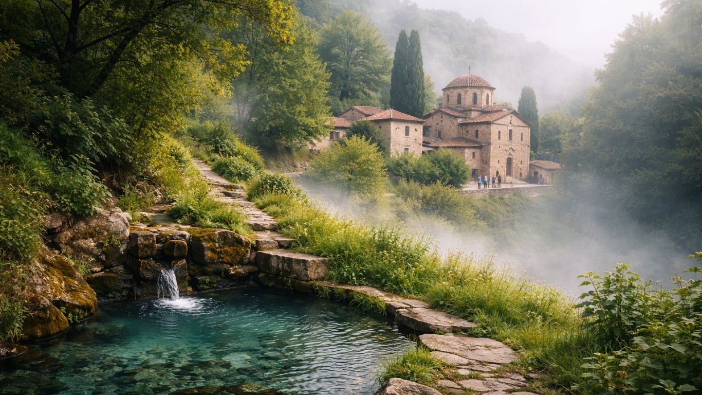 Природниот извор Црвенец и манастирот Света Елеуса над Вељуса во маглива атмосфера