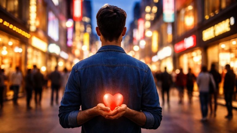 Концептуална слика - човек стои пред огромна светла трговска улица, а во рацете држи мало светло срце како симбол на вистинска среќа