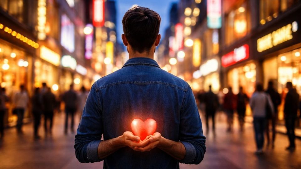 Концептуална слика - човек стои пред огромна светла трговска улица, а во рацете држи мало светло срце како симбол на вистинска среќа