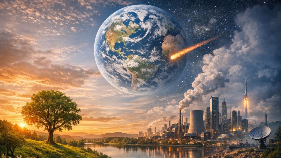 Симболичен пејзаж со Земјата, природа и индустриски град како метафора за човековиот мозок и заканите за планетата