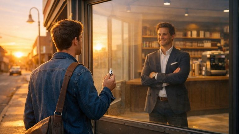 млад претприемач стои пред празен локал на изгрејсонце симбол на почеток на мал бизнис