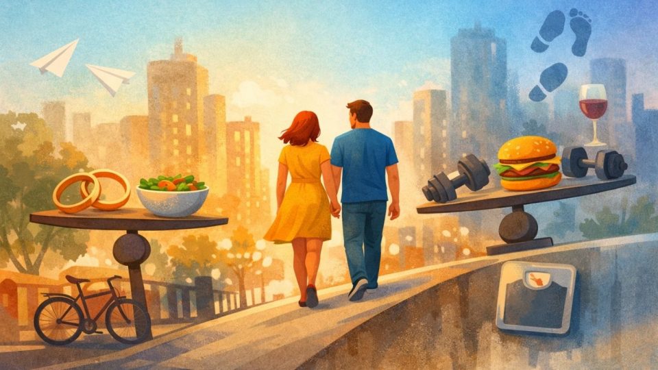 Симболична илустрација на пар во транзиција што ја прикажува врската меѓу бракот и телесната тежина