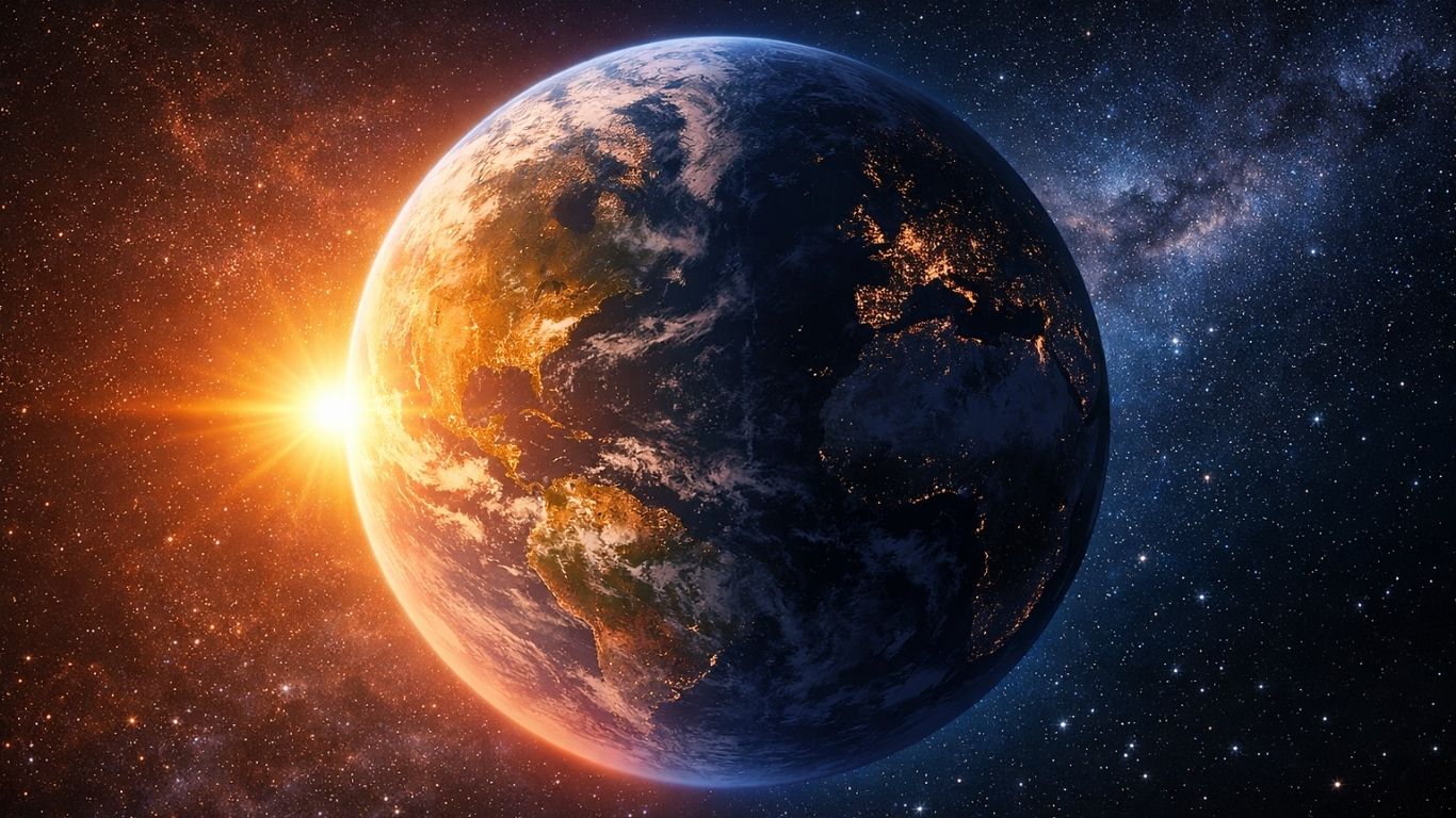 Земјата од космос со половина осветлена од сонцето и половина во ноќ