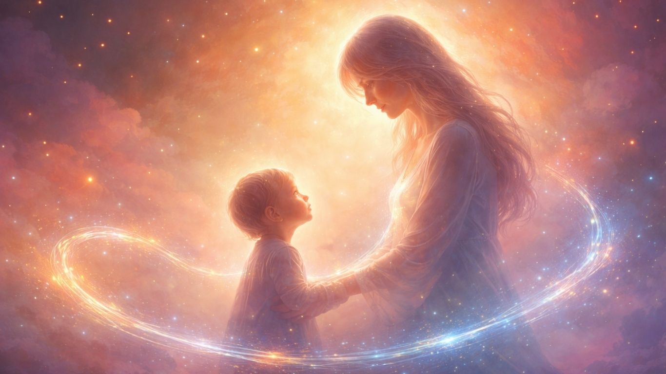 симболична врска помеѓу мајка и дете прикажана како светлосна линија меѓу две фигури