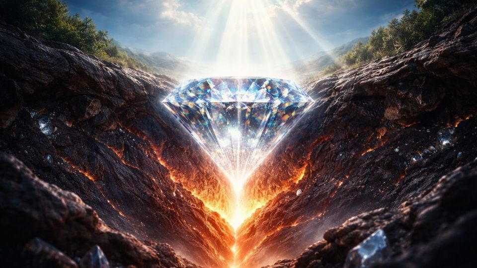 Концептуална илустрација на дијамант што се издигнува од длабочината на Земјата кон светлина