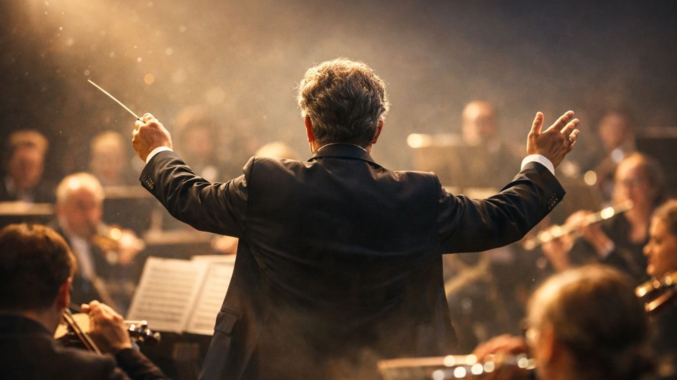 Концептуална сцена со диригент пред оркестар, раце во движење што ја симболизираат уметноста на управување со музиката