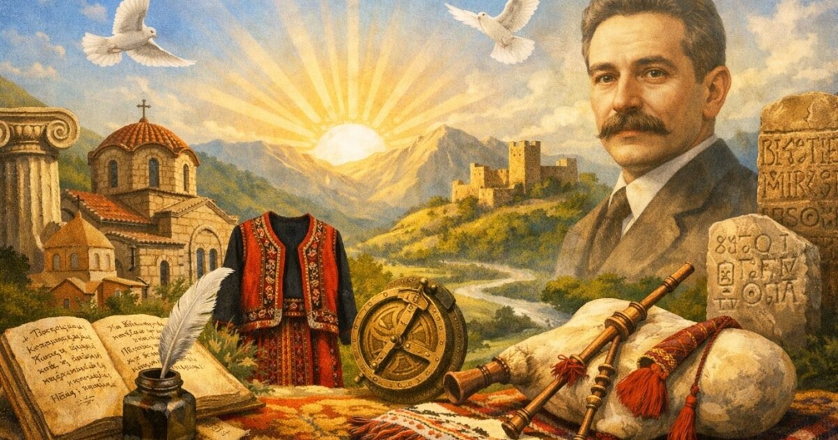 Концептуална илустрација инспирирана од мислата на Крсте П. Мисирков за македонската култура и историја