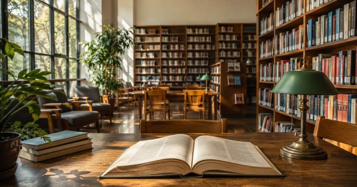 Тивка современа библиотека со отворена книга, полици и мека светлина како симбол на знаење и културна меморија