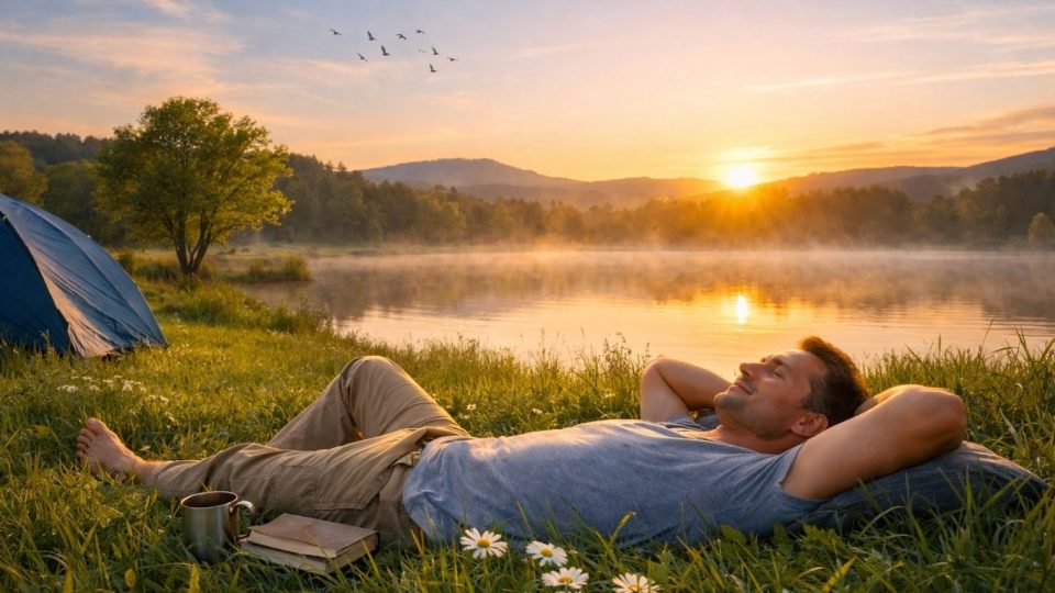 Човек мирно одмора покрај езеро во свежо утро - симболика на добро спиење, тишина и обновена енергија