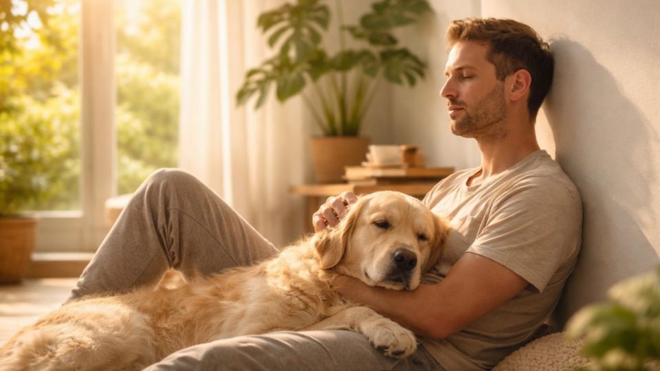 Концептуална сцена со човек и куче во топла светлина што симболизира смиреност и здравје